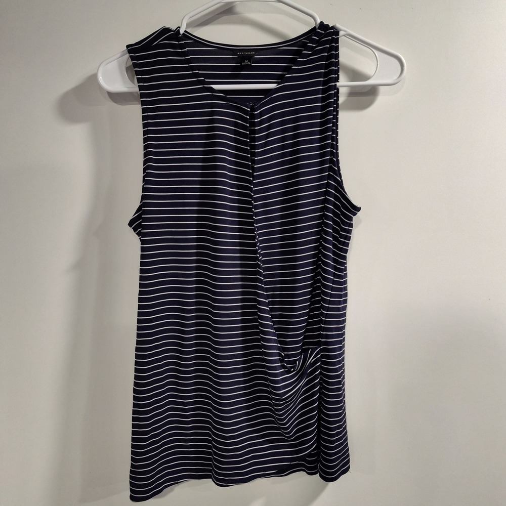 Ann Taylor Navy Blue White Striped Draped Wrap Front Sleeveless Top Medium